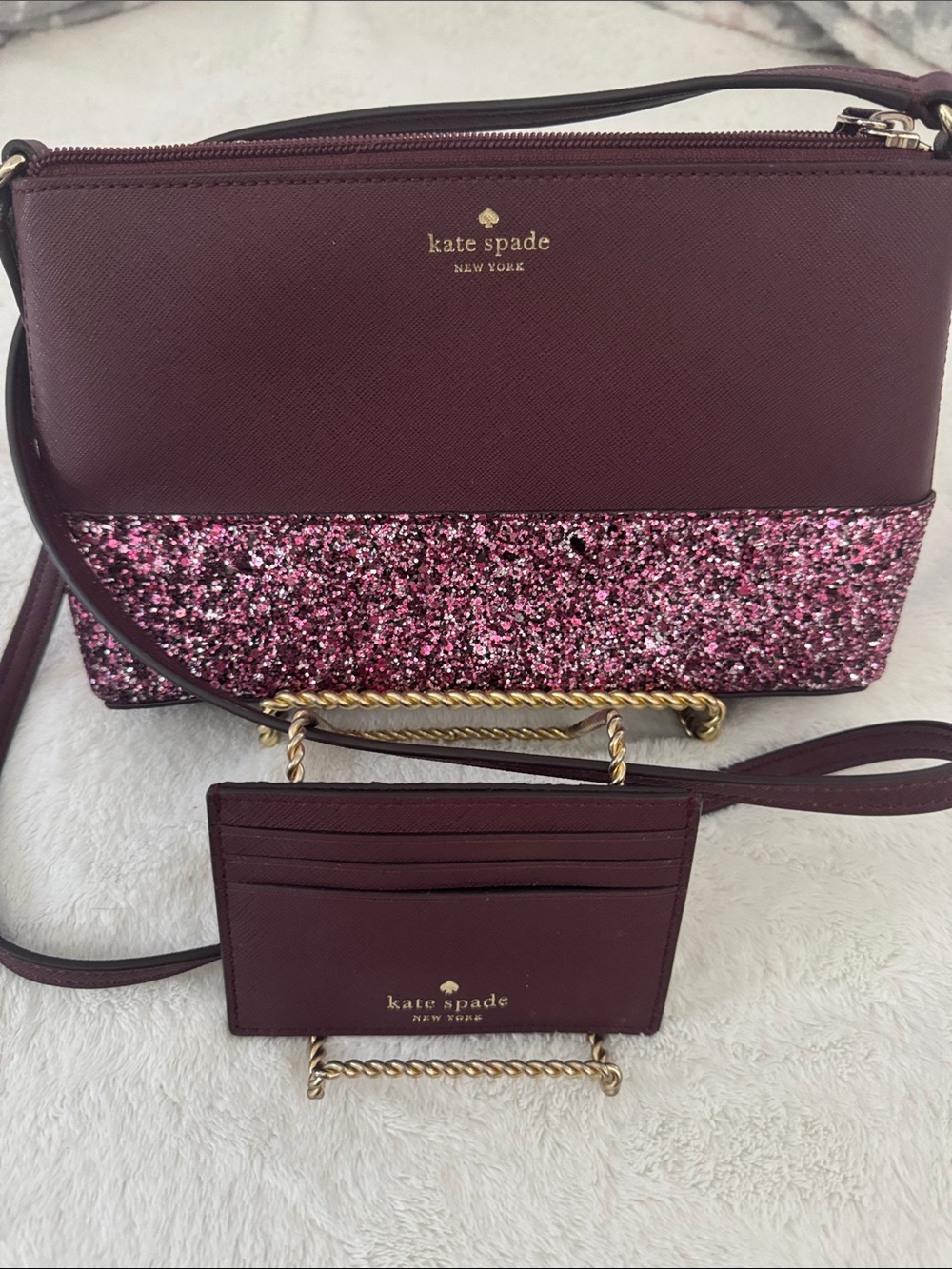 Kate Spade New York Pink Glitter Burgundy Crossbody Bag w/ Card Holder NWOT